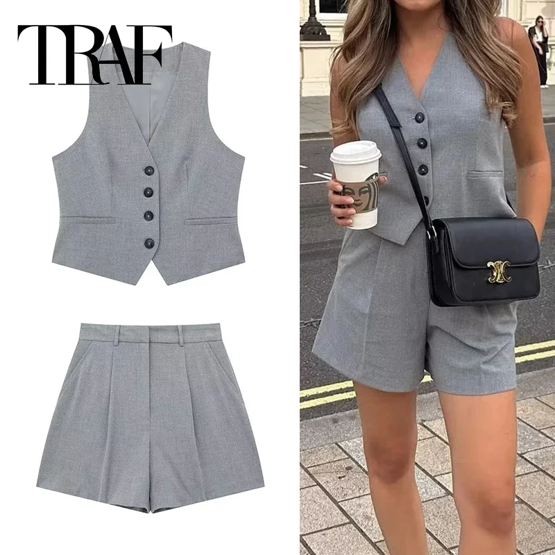 TRAF Grey Cropped Vest Women V Neck Sleeveless Vest Woman Fashion Summer Women's Suit Vest Top Button Short Coats Waistcoat