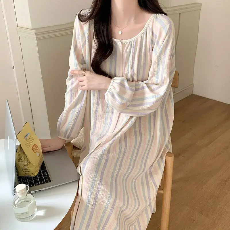 Striped Women Nightgown Lace Sleepwear O-neck Nightwear Korean Fashion Night Dress Long Sleeve Autumn Button One Piece Pajamas