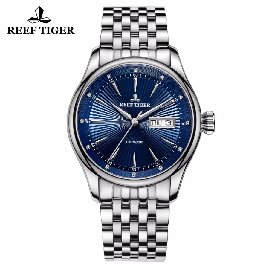 Reef Tiger For Mens Watch Automatic Male Business WristWatch Japan NH35 Mechanical Movement Sapphire Crystal Diamond Steel Clock