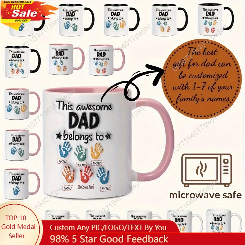 

1pc Custom Dad Ceramic Coffee Mug - Personalized Name Family Handprint Design Microwave Safe Insulated Ideal Gift for Fathe