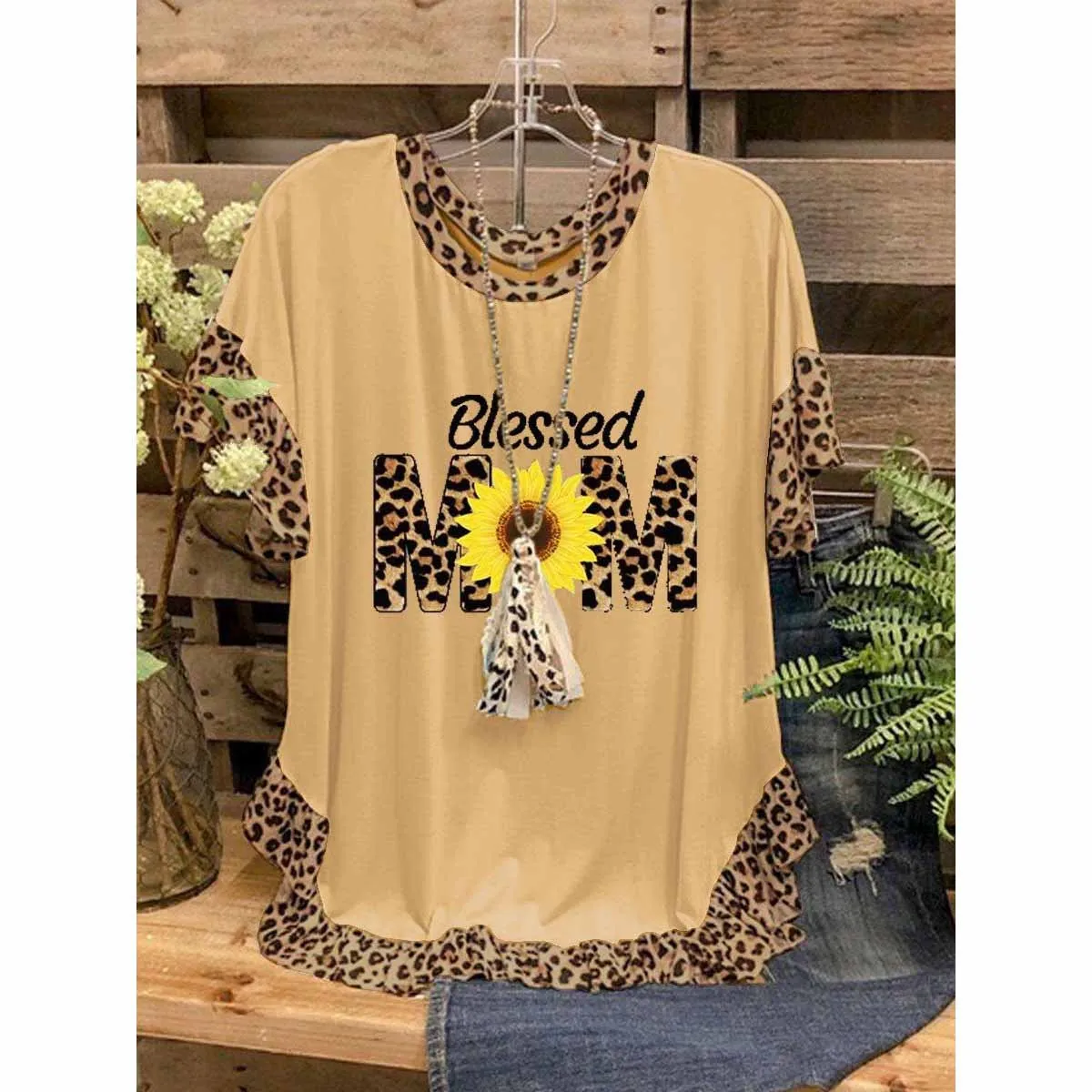 Women Tops 3D Sunflower Leopard Print Printed T-Shirts Ruffled O-Neck Short Sleeves Loose Casual T-Shirts Summer Streetwear