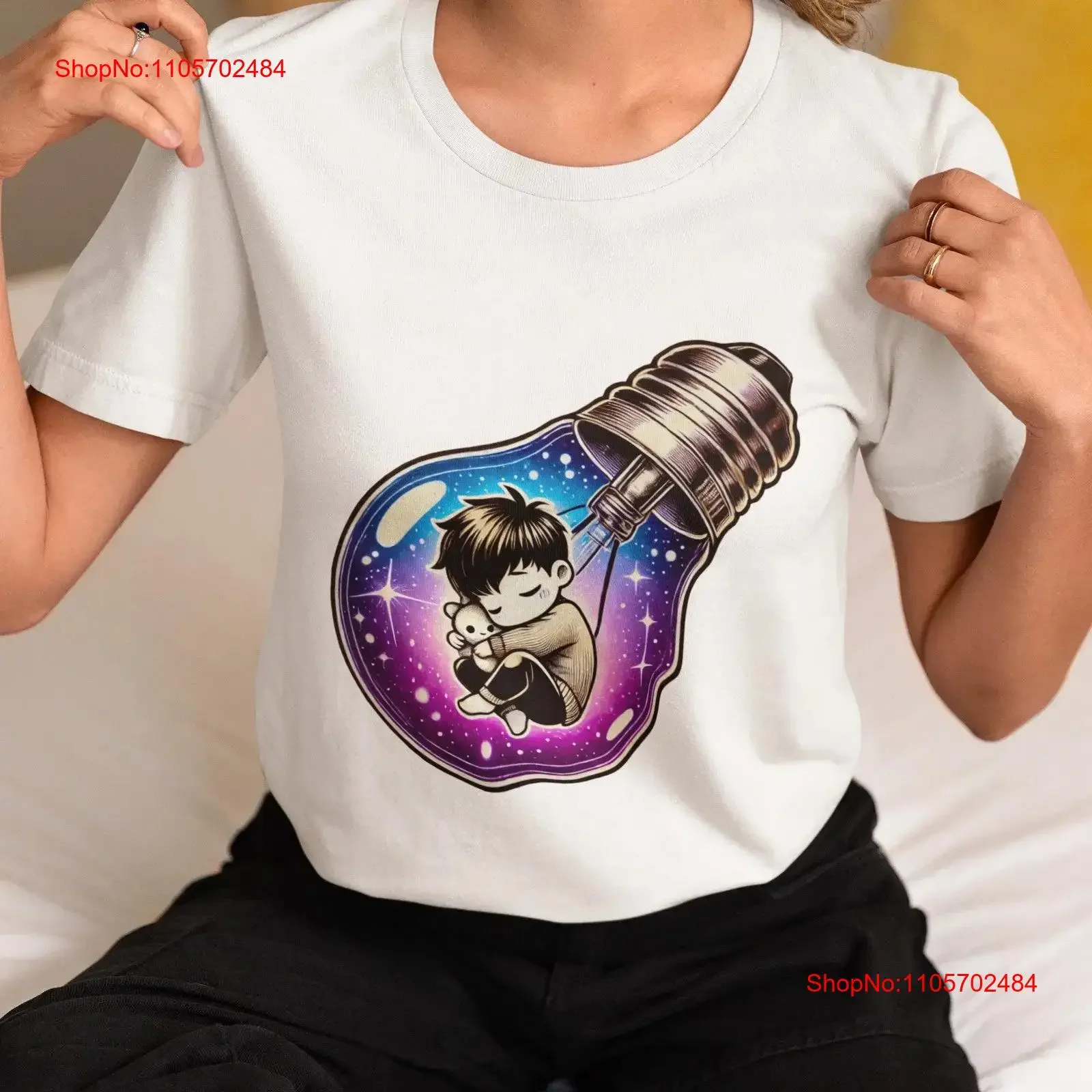 Dreamy Light Bulb T Shirt Cosmic Boy with Teddy Adults Unique Artistic Galaxy Night Design Top Idea vintage Washed Versatile