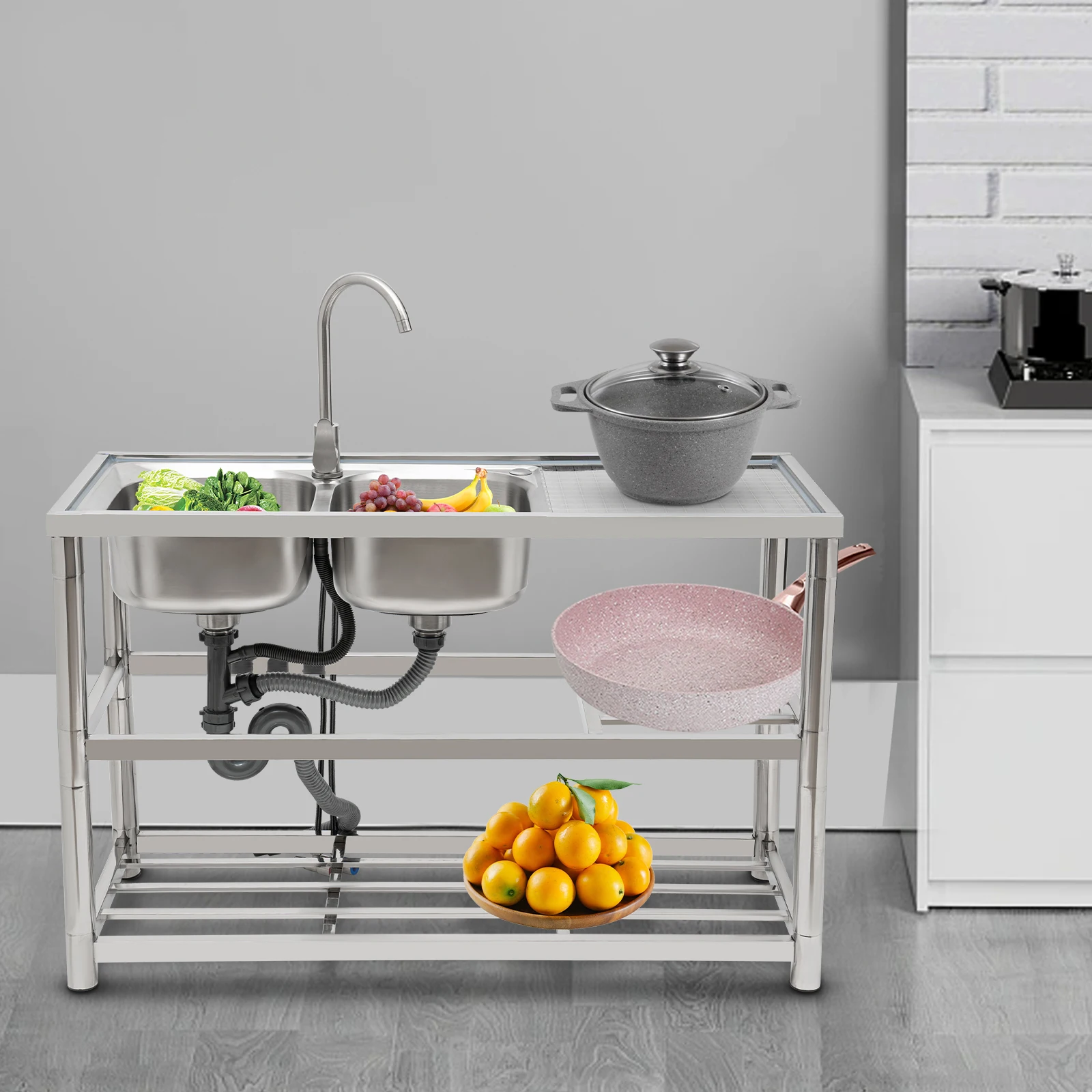 스테인리스 스틸 이중 싱크대(작업대 포함), 독립형 싱크대(배수구 포함, 수도꼭지 포함), 각 싱크대 크기 33*33*18cm, 실버