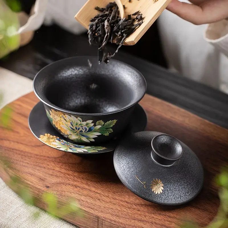 Kiln turned silver black hot stamping relief craft tea cup Goupin cup antique ceramic master cup tea cup Kung Fu tea set