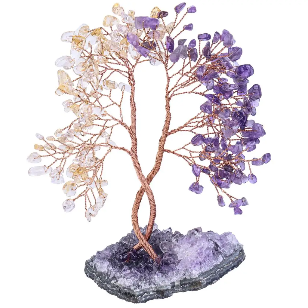 TUMBEELLUWA Healing Crystal Luck Money Tree With Natural Amethyst Cluster Base Reiki Minerals Gemstone Crafts  Home Ornaments