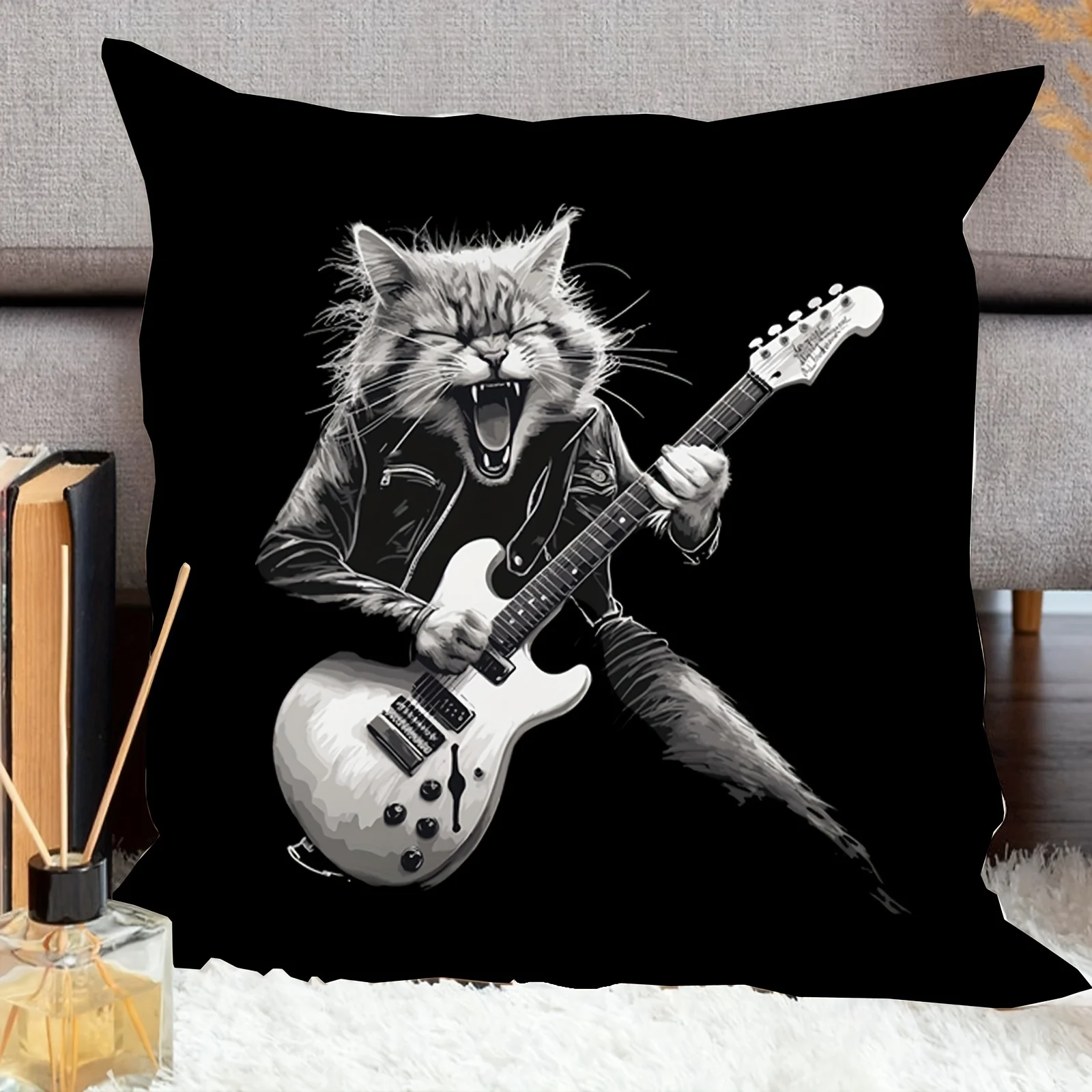 Funda de almohada Rockstar Cat: Cool Kitty con guitarra، Perfect para decoración del hogar y regalos، Design Unique، Elegante