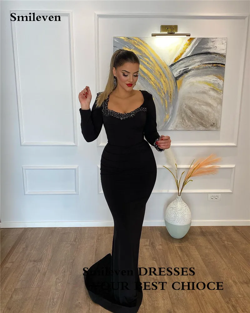 Smileven Black Mermaid Evening Dress Long Sleeve Beading Modest Velvet Arabic Prom Gowns Party Dress