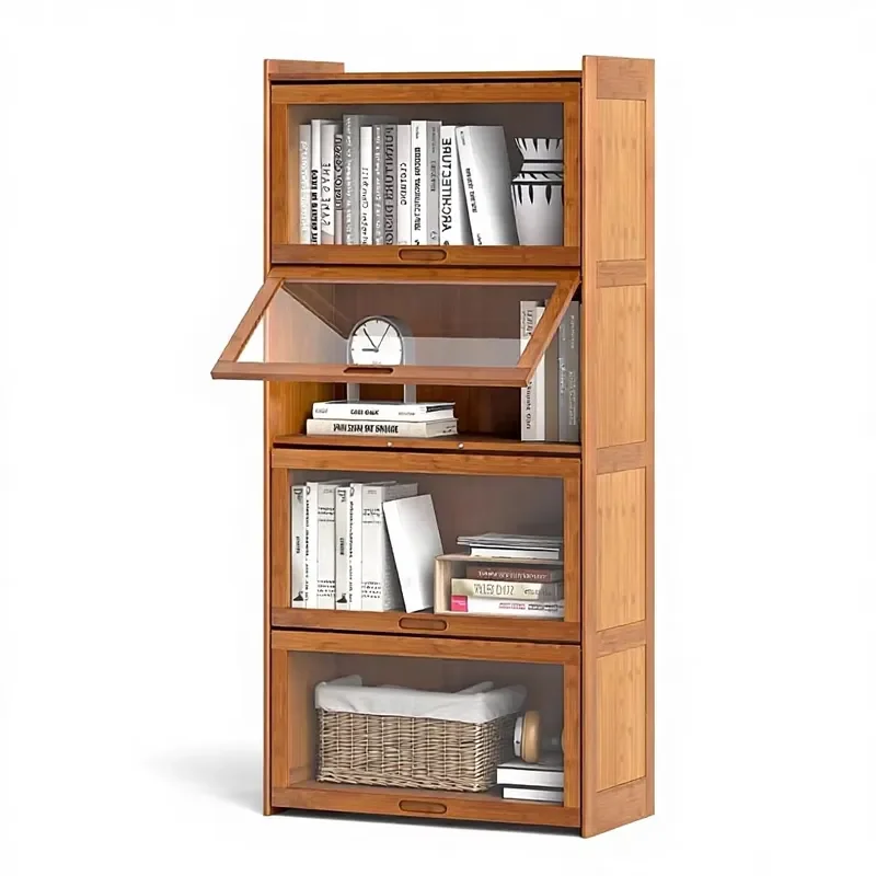 Giantex modern bamboo display cabinet 4-story cube storage cabinet, transparent acrylic door, space-saving living room