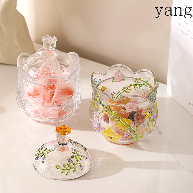 LMM Embossed Hand Painted Flower Shape Glass Storage Candy Jewelry Jar with Lid
