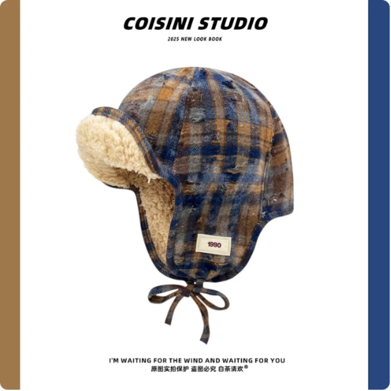 جديد ريترو ممزق منقوشة الرجال لي فنغ قبعة الشتاء في الهواء الطلق الصوف الدافئة ومتعددة الاستخدامات واقي أذن الدانتيل متابعة Bomber القبعات للنساء