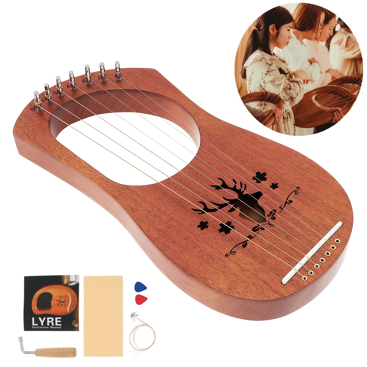 

7/10 String Lyre Harp Solid Mahogany Wood Carving Reindeer with Tuning Hammer String Instrument for Beginner