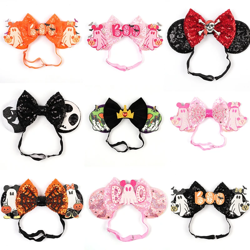 Halloween Adjustable Headband Mickey Minnie Mouse Ear Ghost Bat Glitter Bow Headbands for Women Girls Party For Pairing Gifts