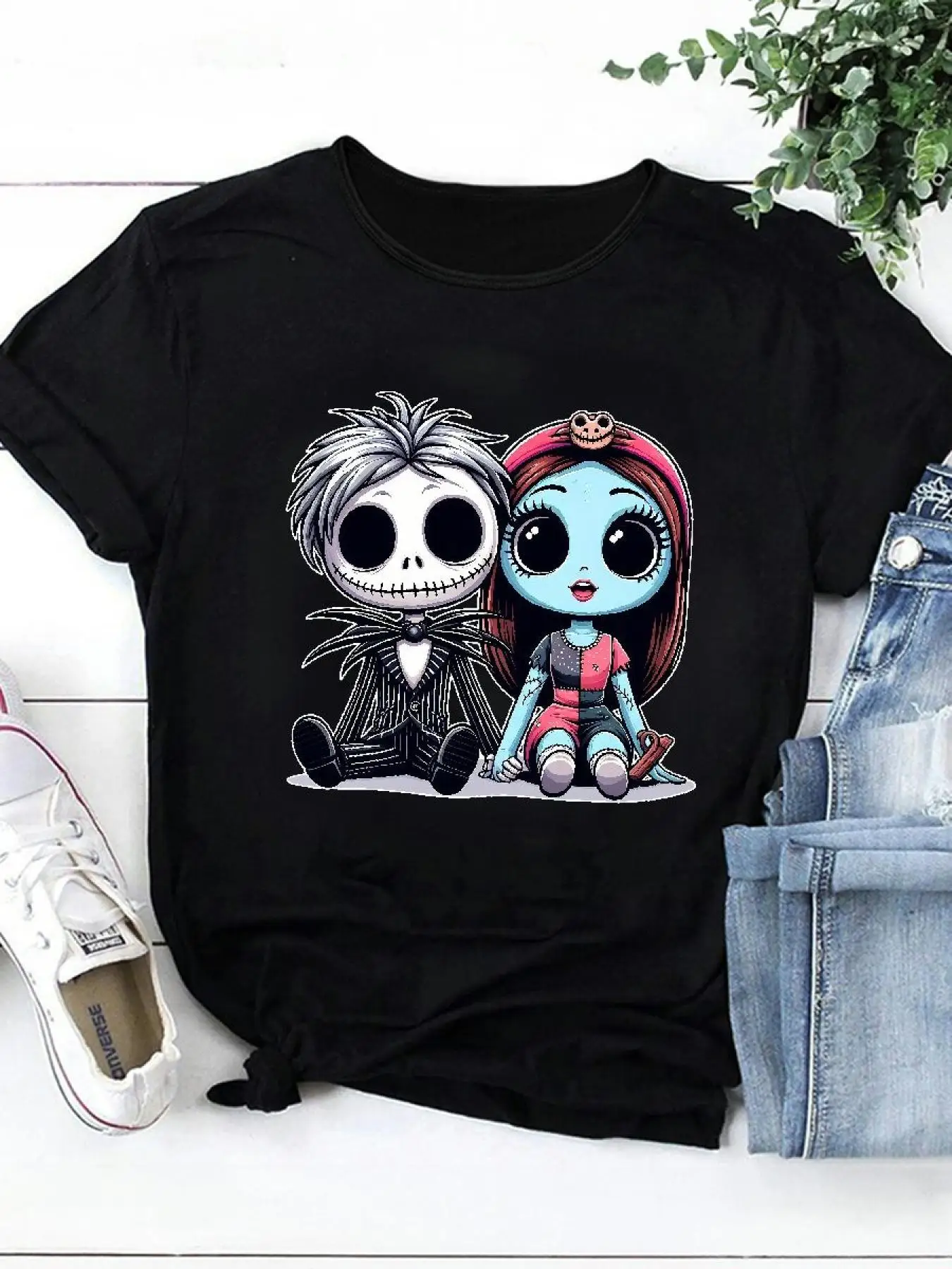 

Plus - Size Black Round Neck T - Shirt with Iconic Cartoon Characters Print: Gothic - cute and Nostalgic