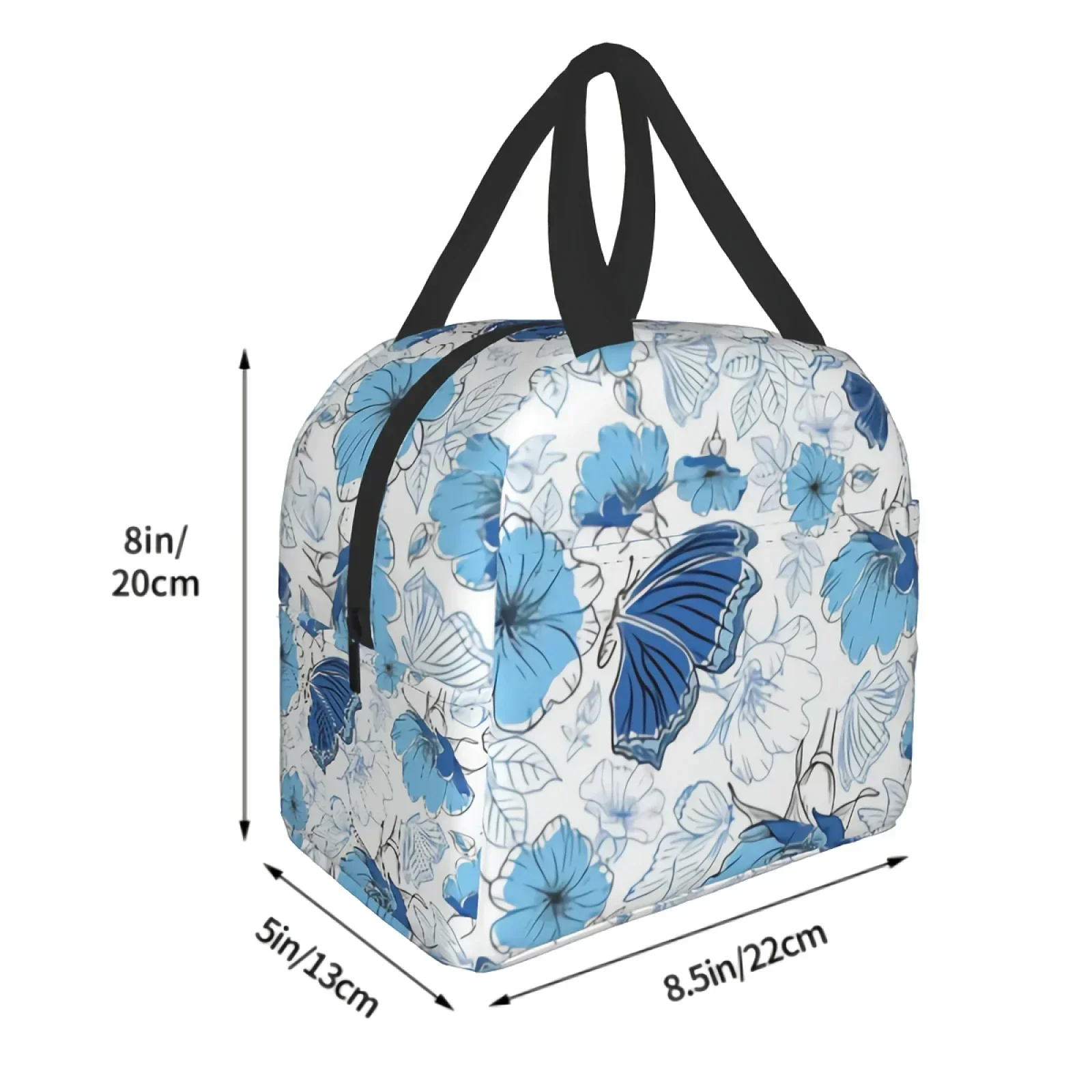 Blue Flowers And Butterflies Kids Lunch box Insulated Soft Bag Cooler Back to School Thermal Meal Tote Kit for Girls Boys