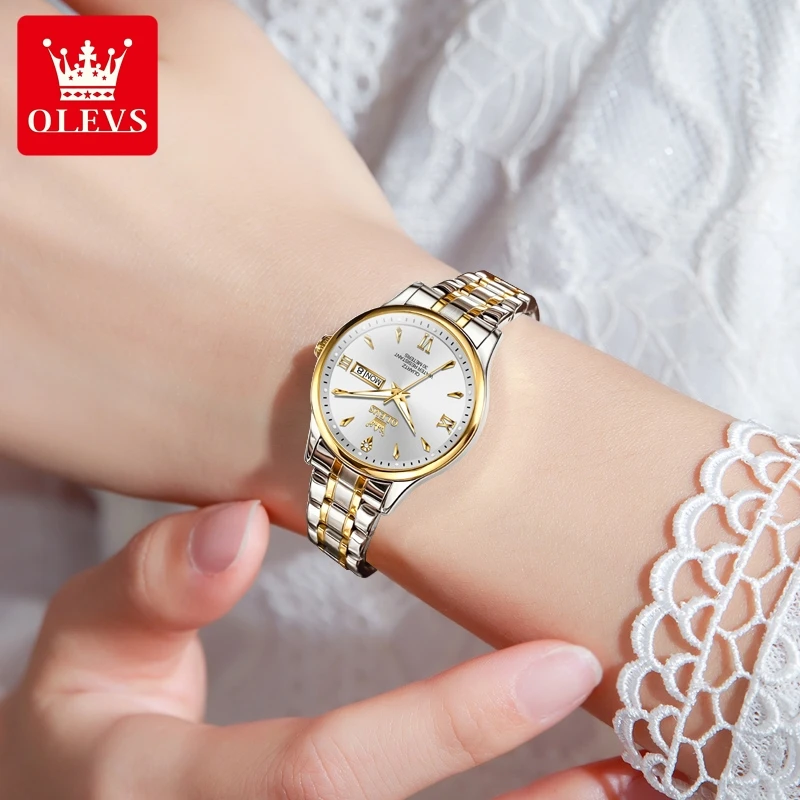 OLEVS jam tangan kuarsa wanita, arloji 9806 dengan minggu dan kalender
