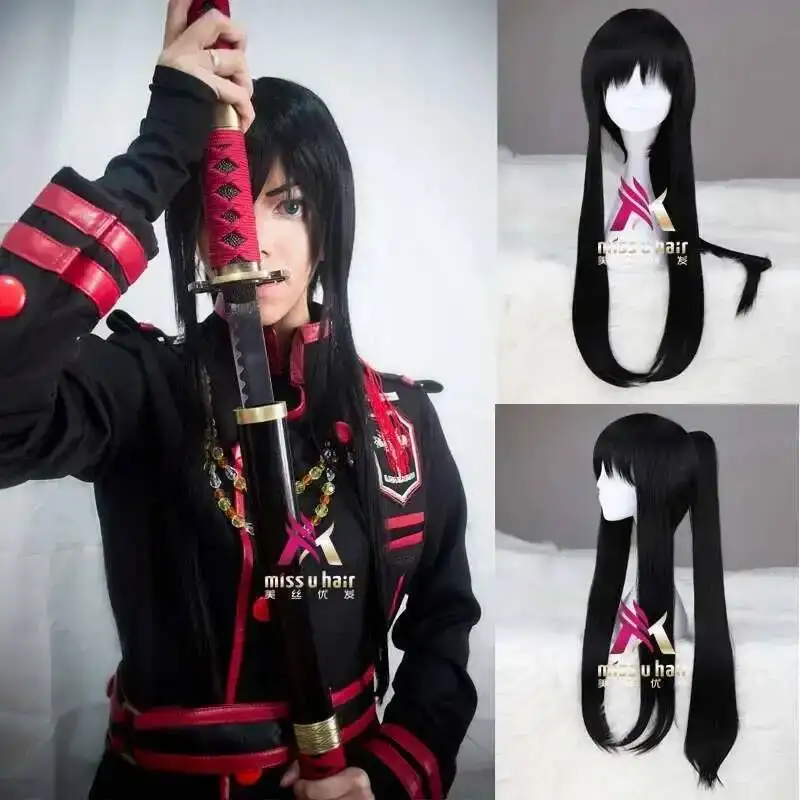 Nueva peluca sintética larga negra D.Gray-man Yu Kanda, pelo para fiesta de halloween con una cola de caballo, pelucas masculinas con flequillo + gorro de peluca