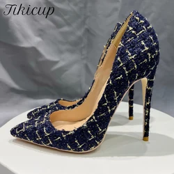 Tikicup Navy Blue Plaid Pattern Women Pointy Toe High Heel Shoes Elegant Ladies Chic Stiletto Pumps Customize 8cm 10cm 12cm