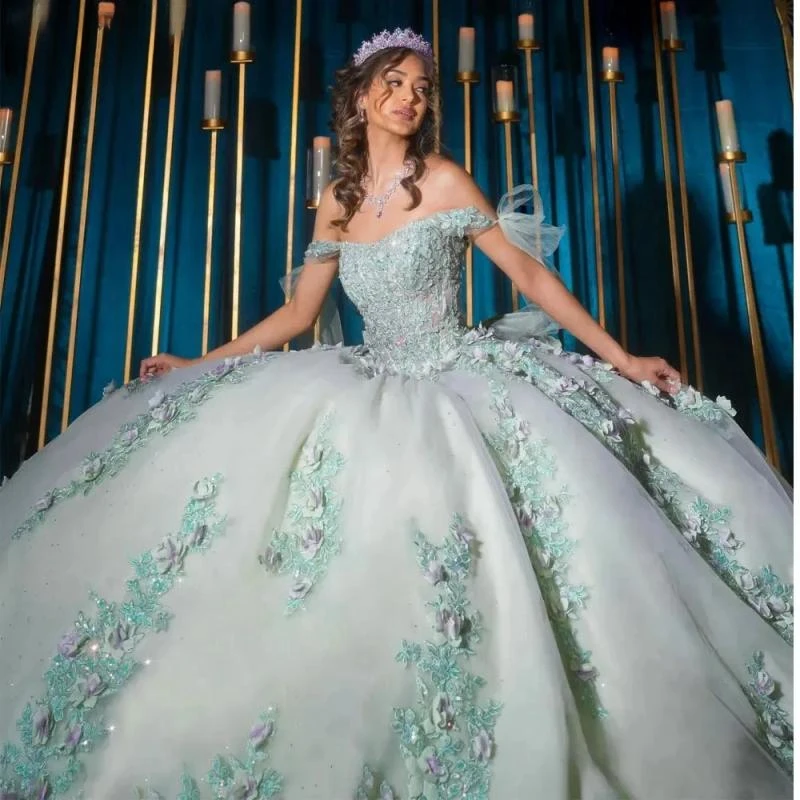 Princess Off The Shoulder Quincenara Dresses Ball Gown Illusion 3D Flowers Appliques Lace Sweet 15 Vestidos De XV Años