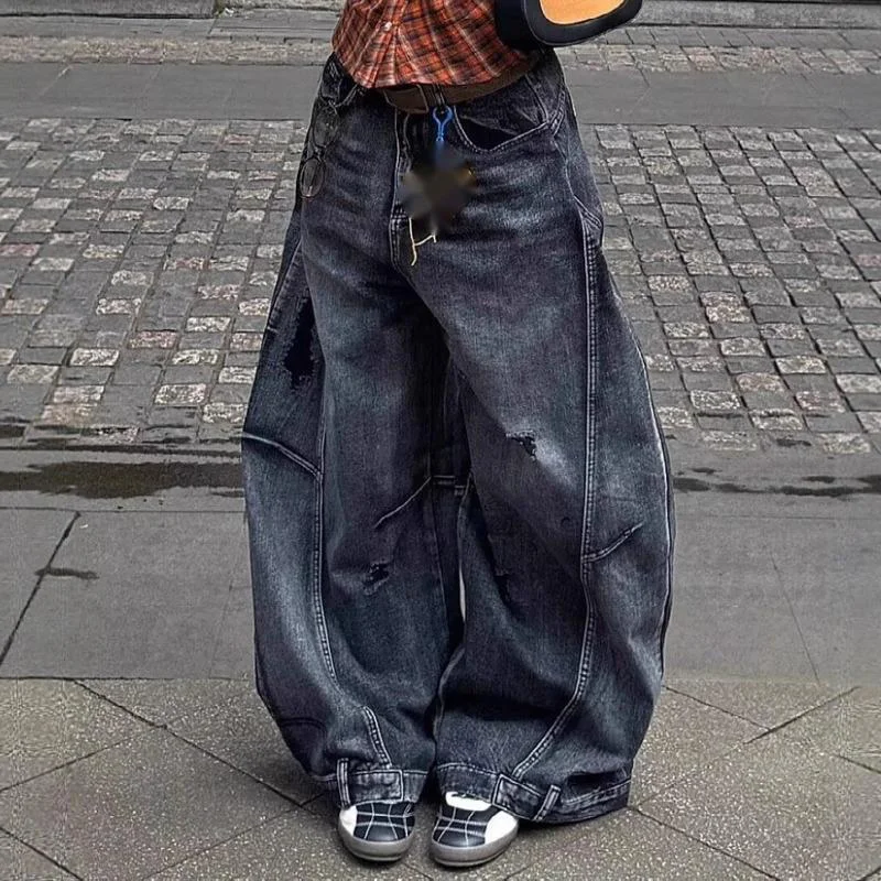 

Bent Knife Jeans Washed Loose Fitting Women Floor Length Pants Torn Hole Splicing Black Gray Summer Retro Street Fashion Trend