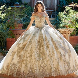 EVLAST Customized Champagne Quinceanera Dress Ball Gown Gold Lace Applique Beading Corset Sweet 16 Vestidos De XV 15 Anos TQD638