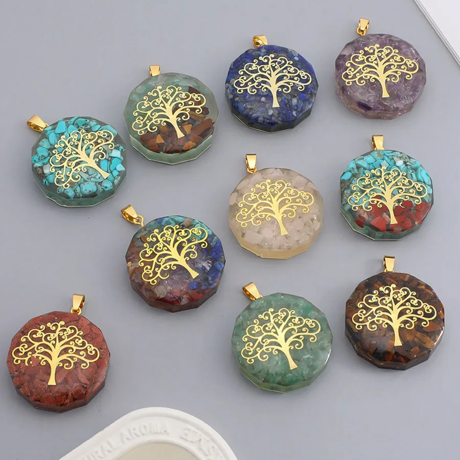 Natural Crushed Stone Pendants Circular Tree of Life for Pendant DIY Jewelry Making Accessories Tree of Life For Jewelry DIY 1PC