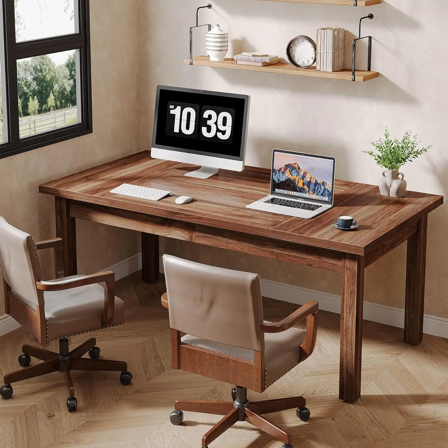 Wood Farmhouse Office Computer Desk, Working Study Desk para 1-2 pessoas, 70 "grande mesa executiva