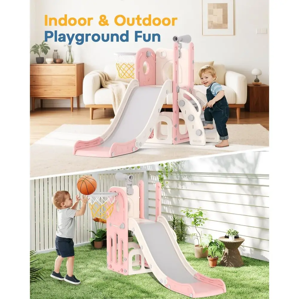 6-in-1-Rutsche für den Innenbereich für Kleinkinder von 1–3, Kletterer-Spielset, Rutsche mit Basketballkorb und Teleskop, Outdoor-Spielplatz für Kleinkinder (Rosa)