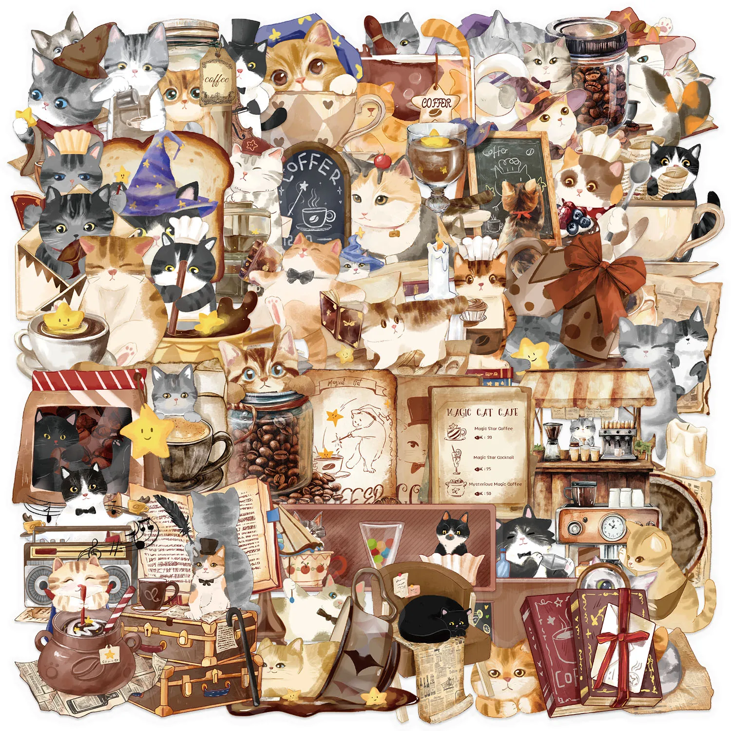 50PCS Spaß Cartoon Magische Katze Aufkleber Scrapbooking Collage Material Telefon Fällen Gitarre Notebooks DIY Dekorative