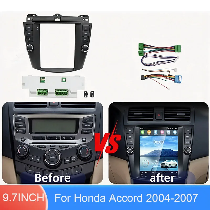 For Honda Accord 2004-2007 9.7 Inch Vertical Car Radio Fascia Frame with AC Control Buttons Wiring Harness Dashboard Panel Kit