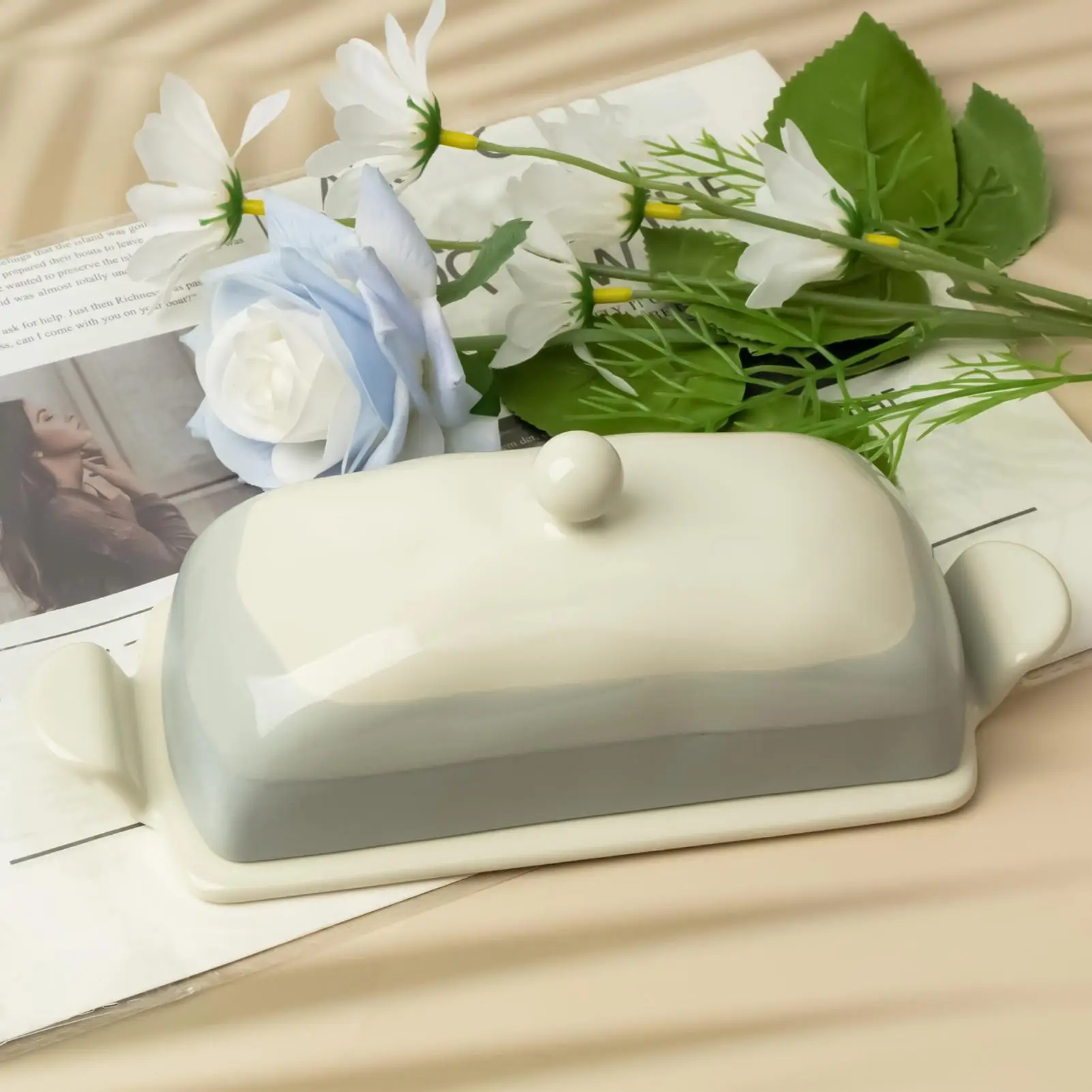 

Butter Dish with Lid Ceramic Butter Holder Dishwasher-Safe Cheese Dish with Lid for Restaurant Refrigerator Dining Room