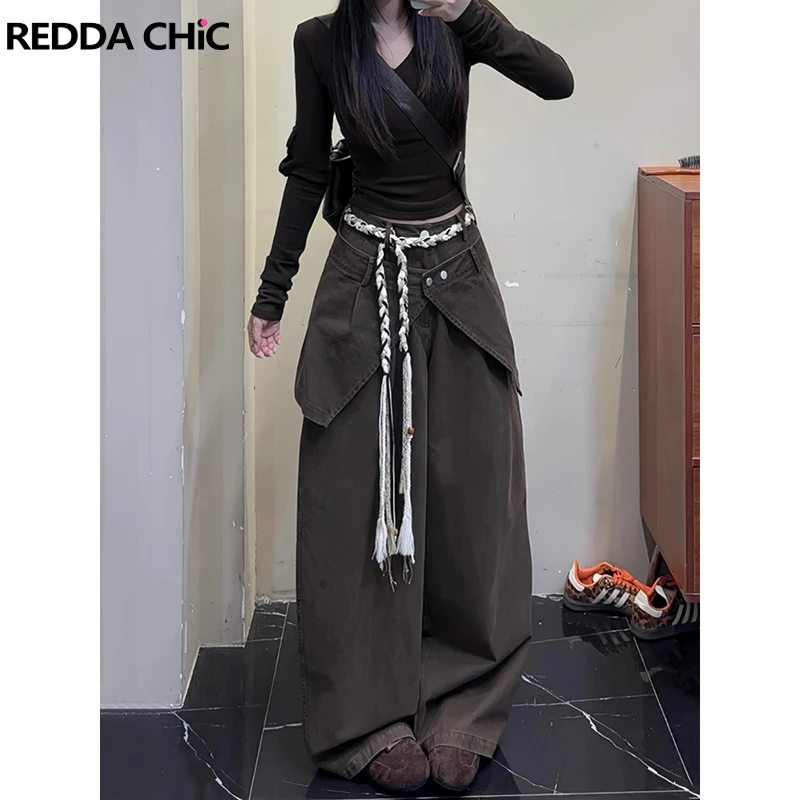 

ReddaChic женская юбка с запахом, джинсы, новые модные коричневые однотонные повседневные свободные брюки из двух частей с широкими штанинами, уличная одежда в стиле ретро 90-х