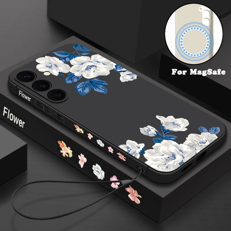 Magnetische Handyhülle mit weißem Blumenmuster für Samsung Galaxy S25 FE S26 S24 S23 S22 Ultra Plus, kompatibel mit MagSafe Wireless Charging