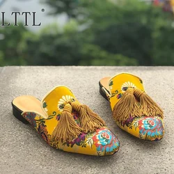 Classic Fashion Mules Yellow Floral Tassel Loafers Summer Handmade Half Shoes For Men Slip On Designer Shoes Men Casual Shoes