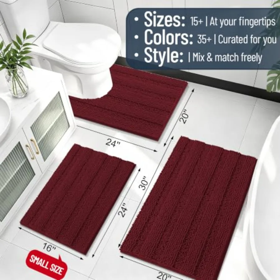 Thick Small Chenille Bathroom Rugs 24x16, Bath Mat, Quick‑Dry and Machine Washable, Non‑Slip Bath Carpet, Soft Striped Bath Rug
