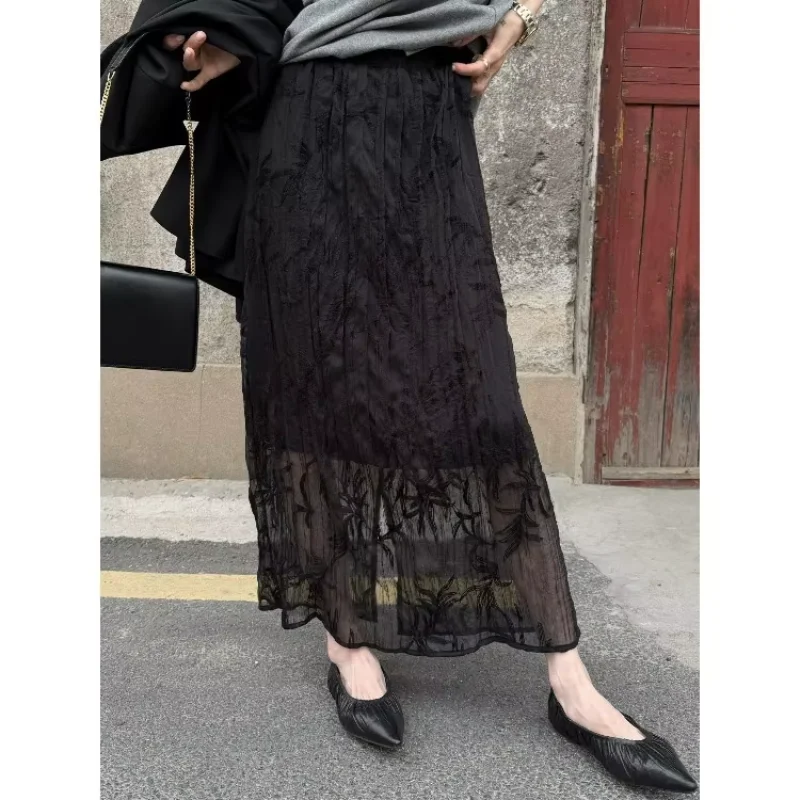 Elegant Long Skirts For Women Gauze Embroidery Split Jupe Chic Temperament Saia 2026 Faldas Mujer De Moda Vintage Summer Skirt