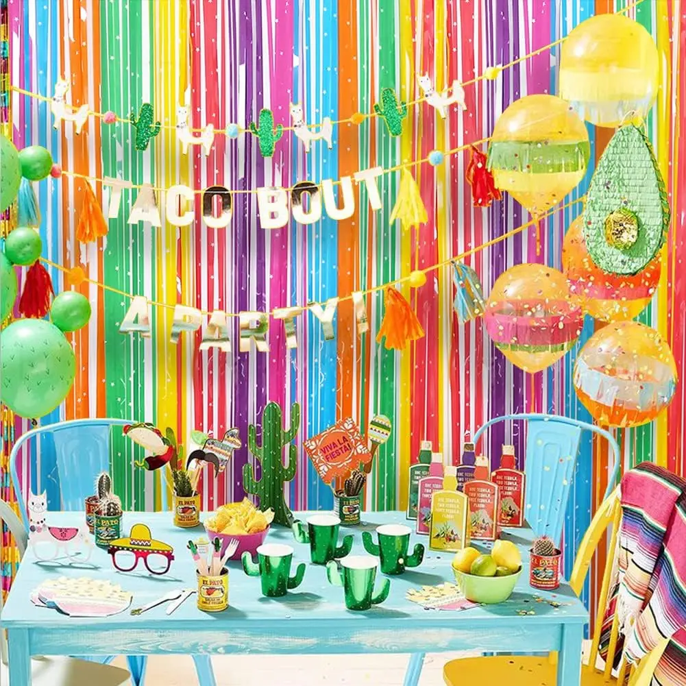 1 x 2,5 m bunter Folien-Fransen-Vorhang-Hintergrund für mexikanische Fiesta-Party, Fotokabinen-Hintergrund, Regenbogen-Geburtstagsthema, Party-Dekoration – Detail 4