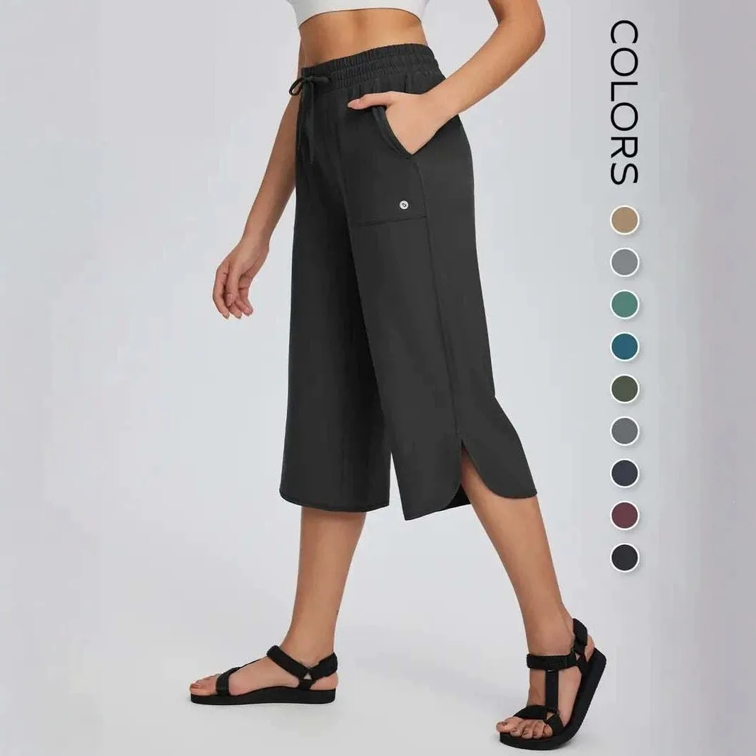Women Wide Leg Capri Pants with Pockets Lightweight Loose Fit Drawstring Waist Cropped Trousers Side Slit Casual Solid Color