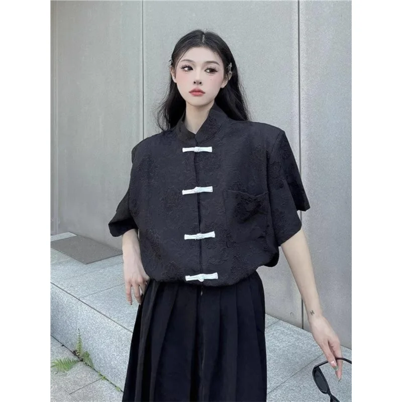 

Retro Chinese Sle ort Sve irt 36003 Pou Large Size Embroidered Stand Collar Trendy Design ex Summer Faion