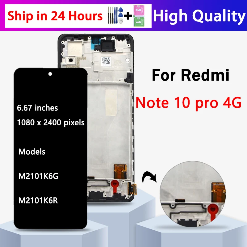 

6.67" AMOLED For Redmi Note10Pro M2101K6G Display Replacment For Xiaomi Redmi Note 10 Pro Display LCD Touch Screen with Frame