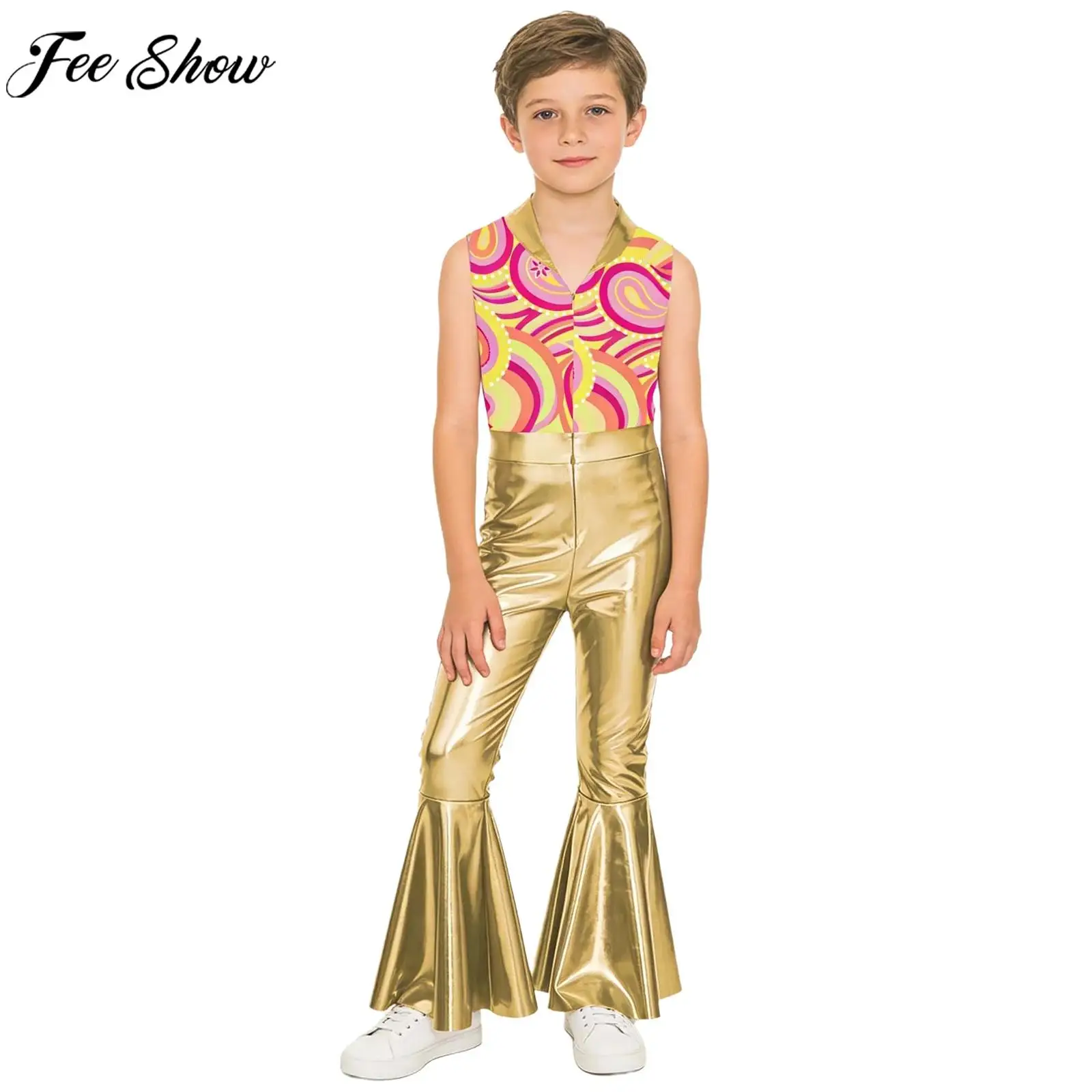 Kids Boys Halloween Carnival 70-80s Disco Costume Metallic Shiny Zipper Bell-bottom Jumpsuit Hippie Cowboy Cosplay Bodysuit