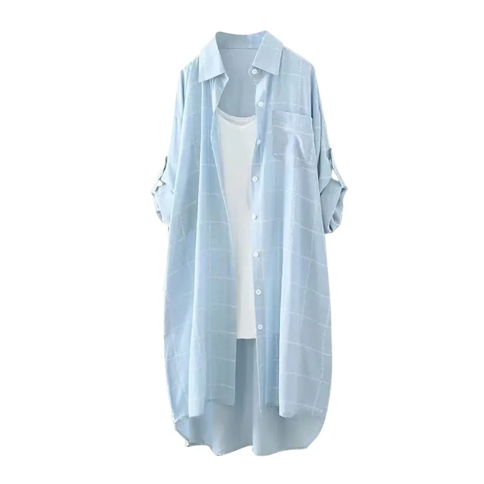 Kemeja Wanita Tipis Bernapas Cardigan Prancis Chic Panjang Sedang Musim Semi 2024 Motif Kotak-kotak Longgar Gaya Korea Ropa Mujer