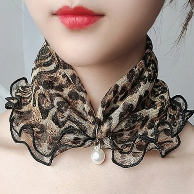 

Fashion Women Lace Scarf Creative Fake Pearl Pendant Neck Collar Female Ruffle Neck Cover Sun Protection Bib Scarves Headband