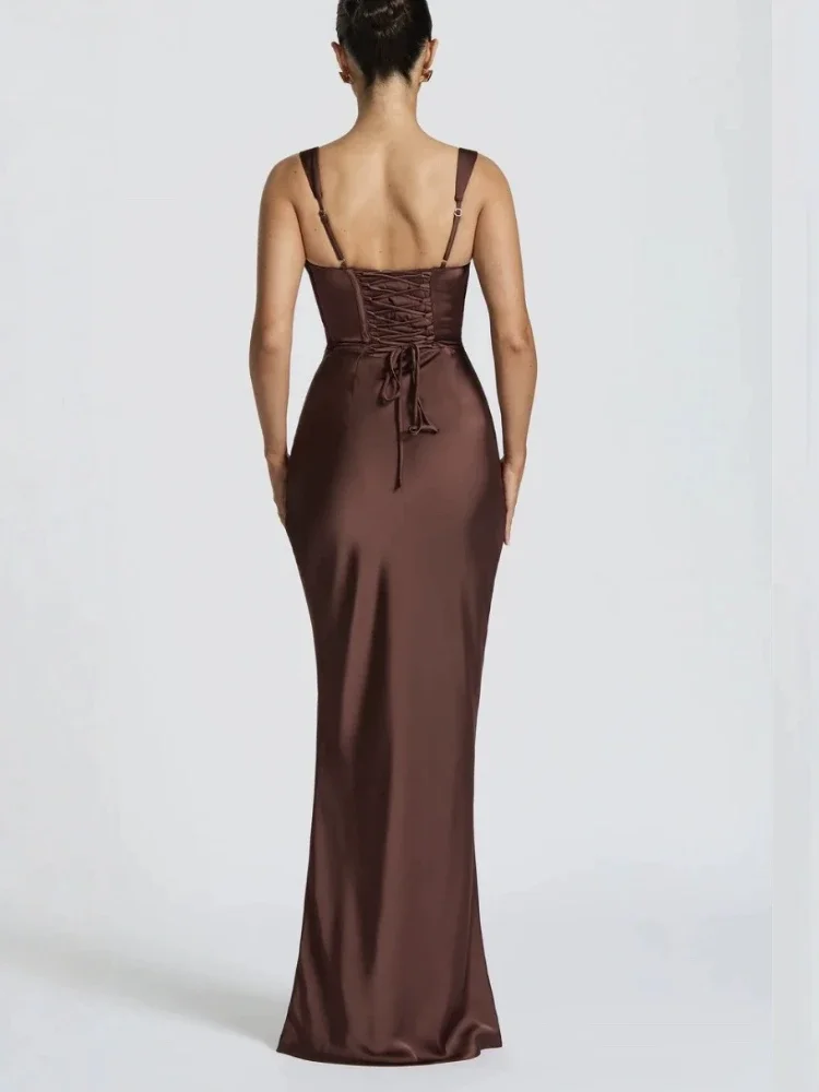 Chaxiaoa サテン バックレス セクシー マキシドレス レディース エレガント ホルター オフショルダー ノースリーブ レースアップ ボディコン クラブ パーティー ロングドレス