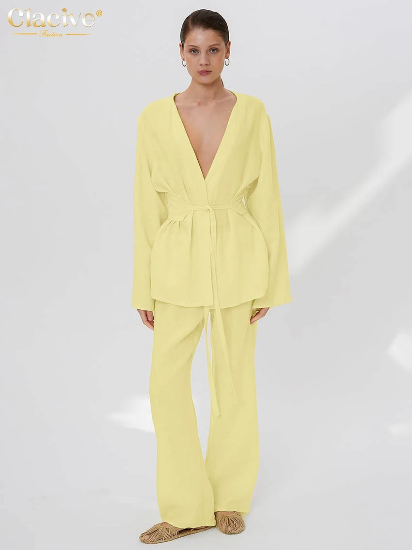 

Clacive Fashion Loose Yellow Linen Two Piece Outfits Woman 2025 Elegant Long Sleeve Shirt With High Waist Wide Pants Set Female