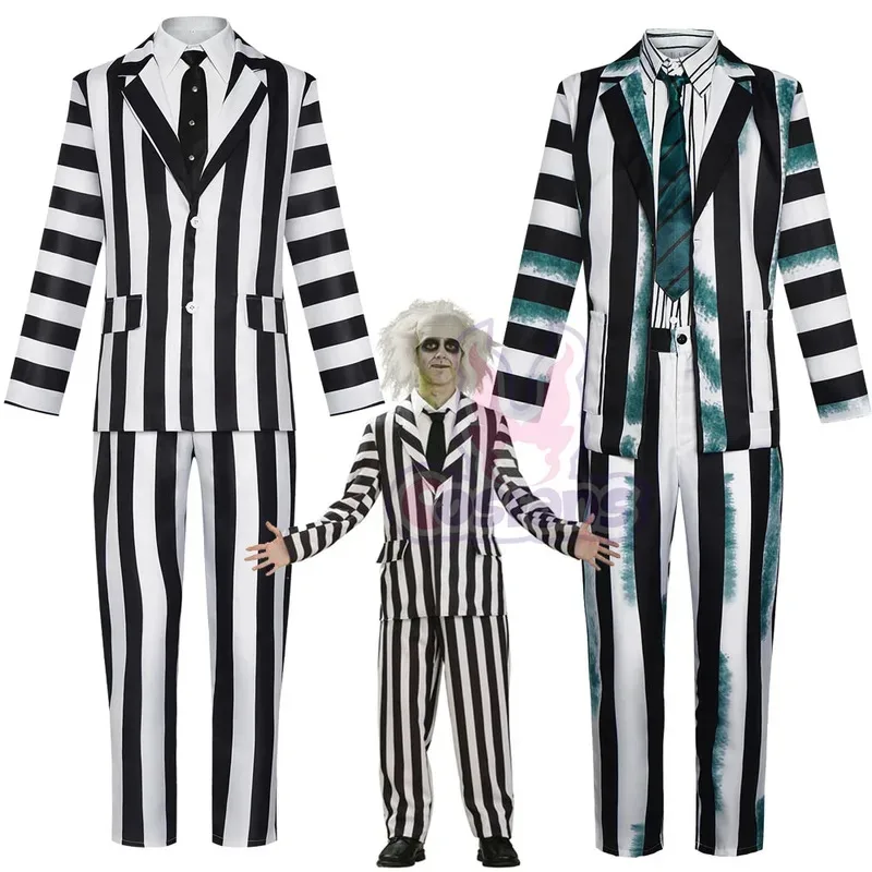 

Michael Keaton Cosplay Costume Disguised Uniform Dress Black and White Striped Jacket Pants Man Women Halloween Party Suit