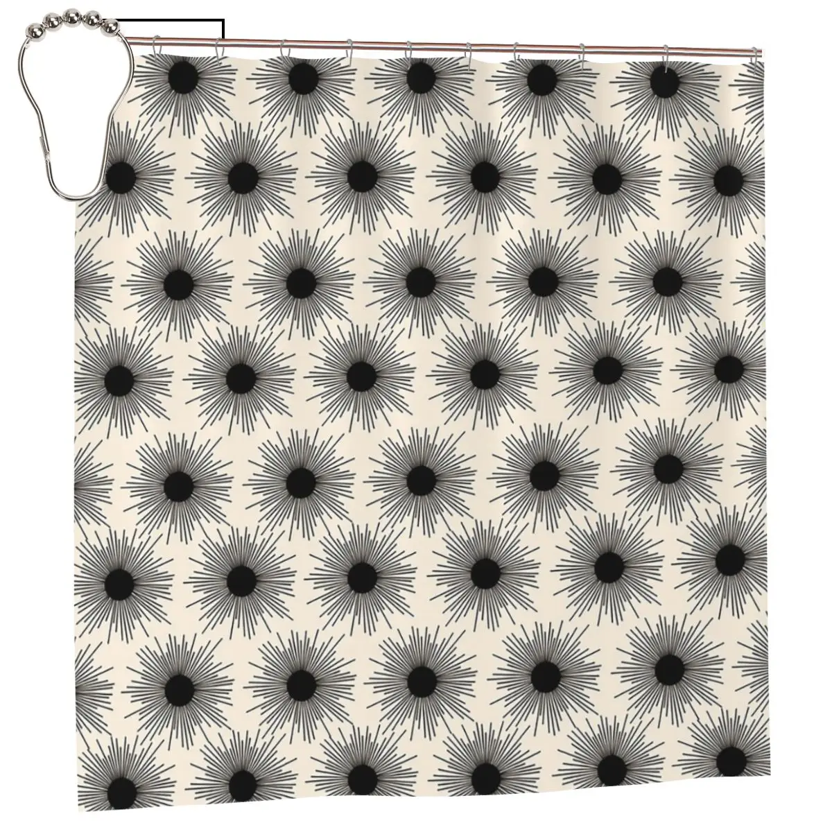 Sunburst Mid-Century Modern Sun Pattern In Black And Almond Cream Shower Curtain Bathroom Waterproof Bath Curtains with Hooks