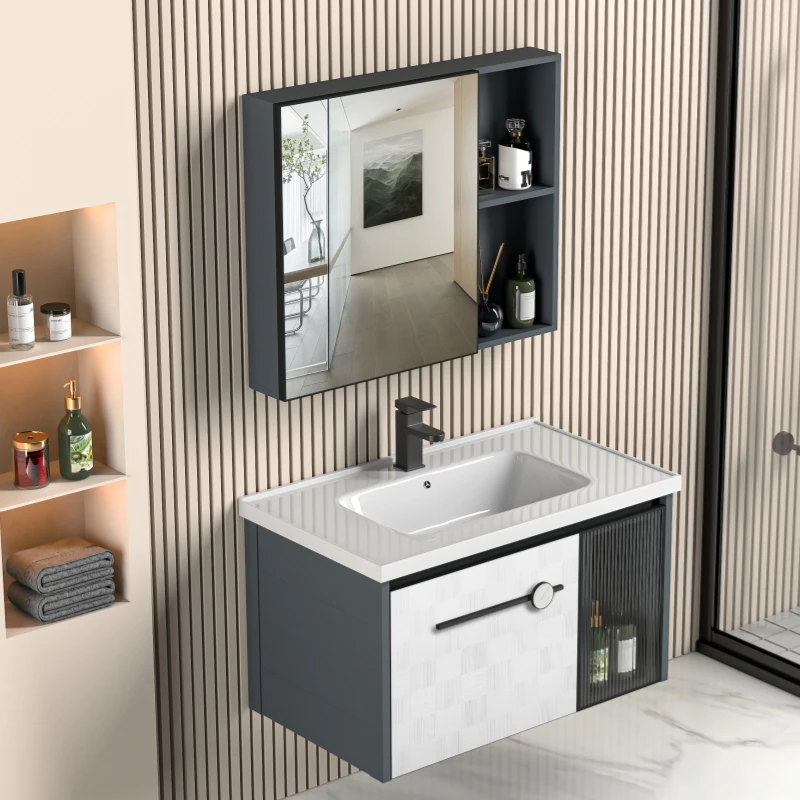 Bathroom CabinetModern Design Space Aluminum Wall-Hung Bathroom Cabinet With LED Mirror Ceramic One Piece Washbasin LED Mirror C