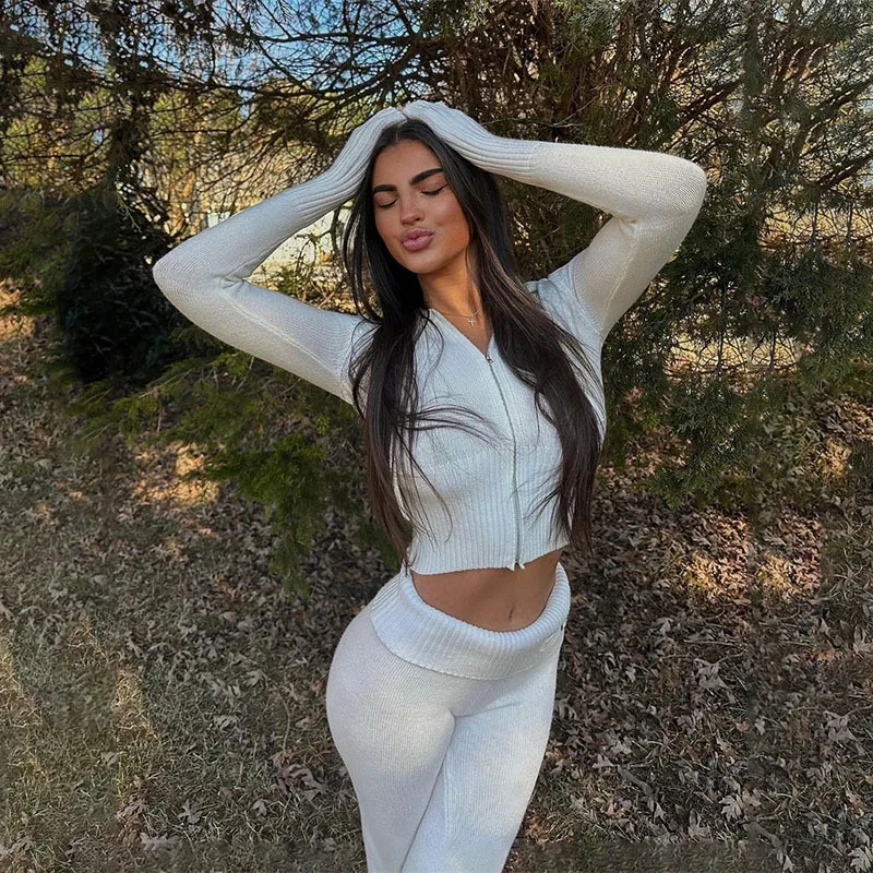 ファッションフード付きリブニット2ピースセット長袖ジップスリムフィットショートフーディーエラスティックカフロングパンツトラックスーツ