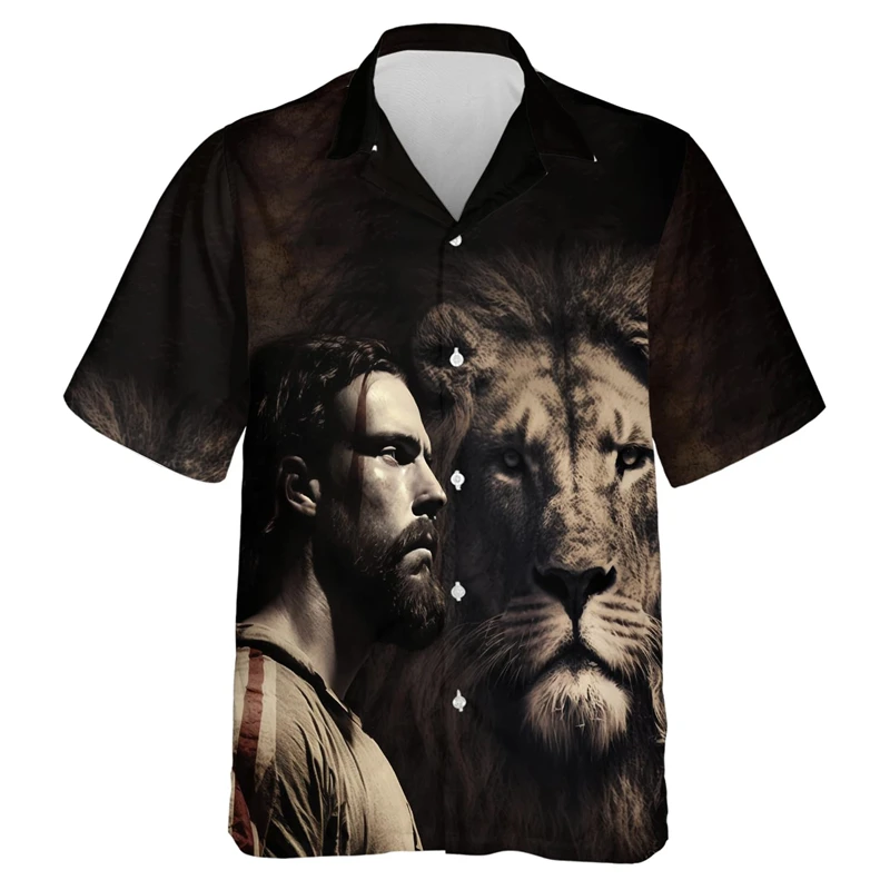 Lion Jesus Graphic Short Sleeve Shirts For Men Clothes Casual Male Streetwear USA Flag Lapel Blouse America Independence Day Top