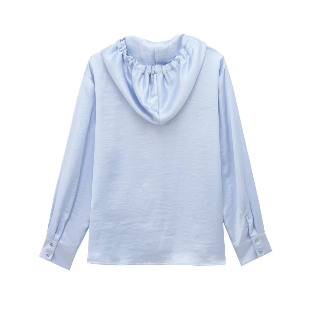 Haut ample à Texture de soie pour femmes, col rond, manches longues, avec chapeau et sangle, nouvelle mode automne/hiver